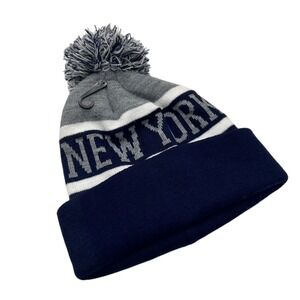 New York Knit‎ Beanie Pom Pom Winter Hat Navy Grey Striped Warm Cap Yankees NWOT